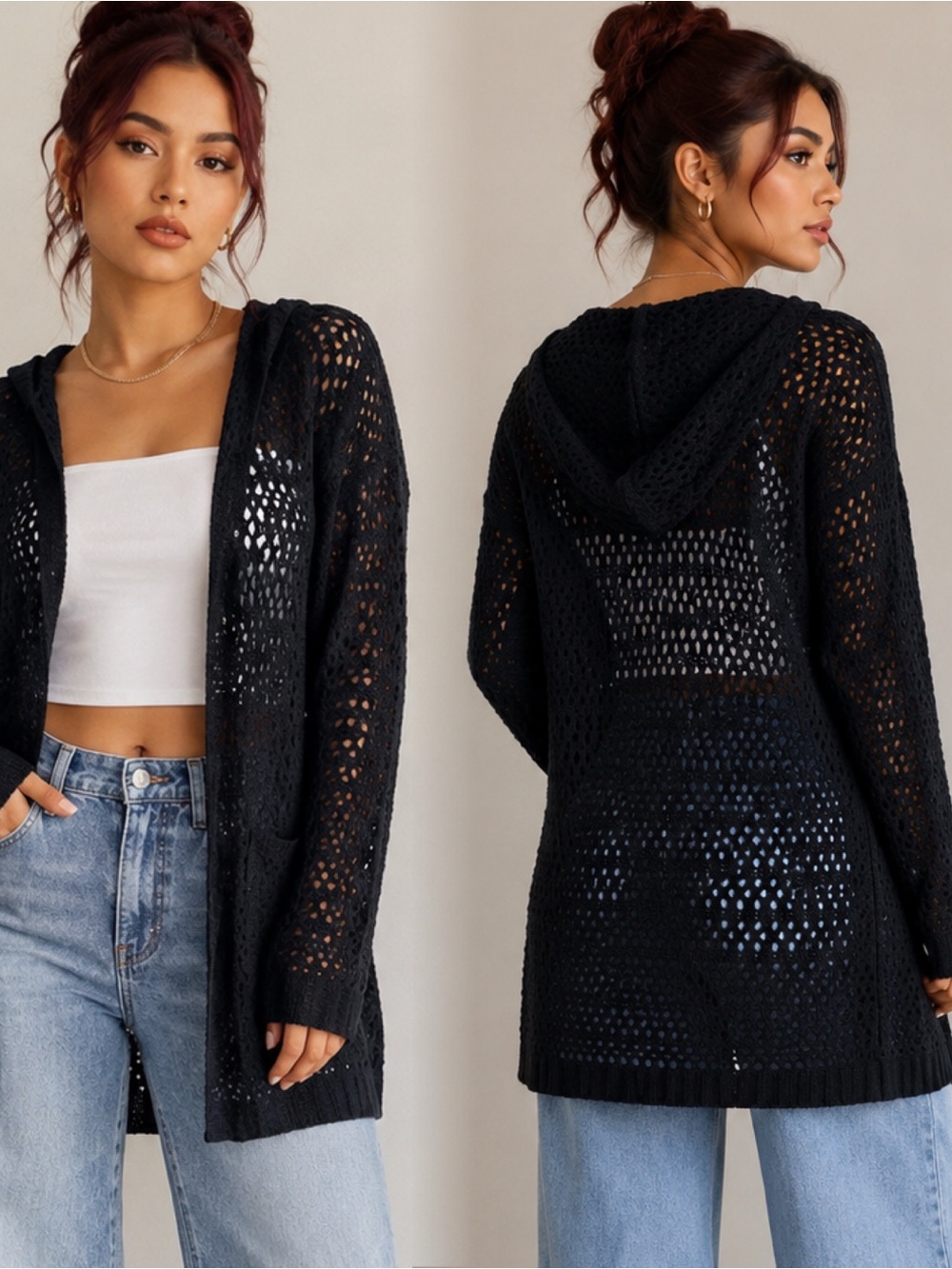 Cozy Casual Black Open-Knit Hooded Cardigan